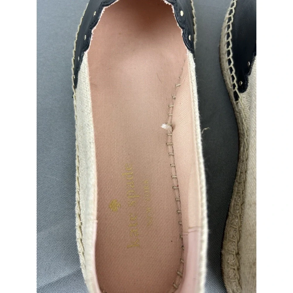 KATE SPADE Leather Gwendolyn Black Tan Applique Studded Espadrilles Sz 7.5B